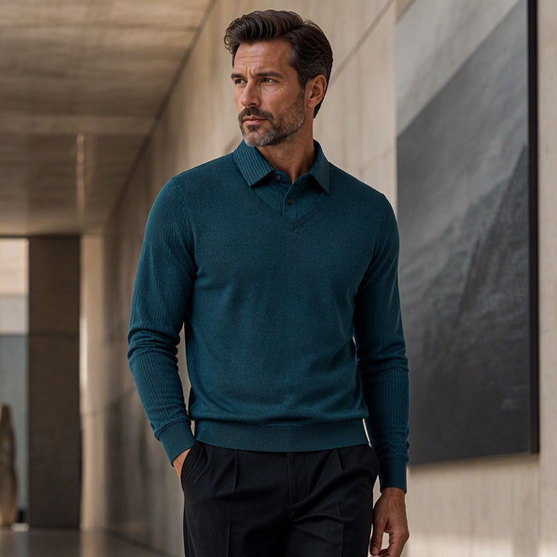 Men's False Two-Piece Long Sleeve Top – Smart Casual Two-Piece Look Without The Fuss