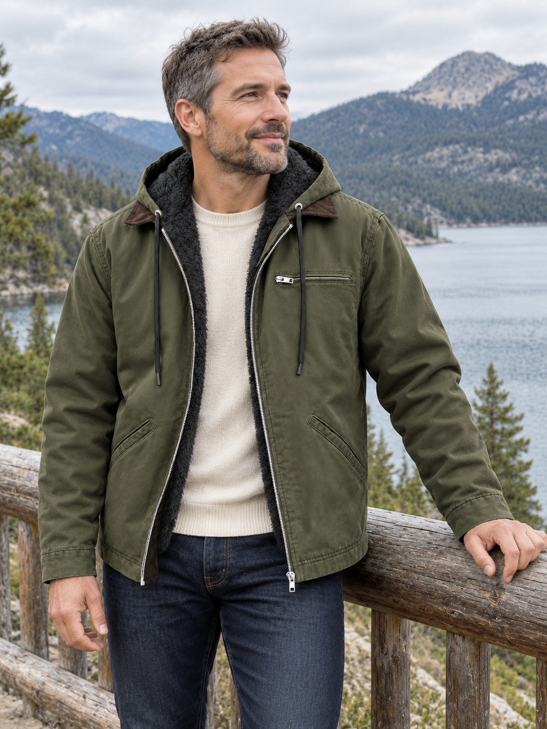 Vintage Thick Fleece-Lined Hooded Zip Jacket