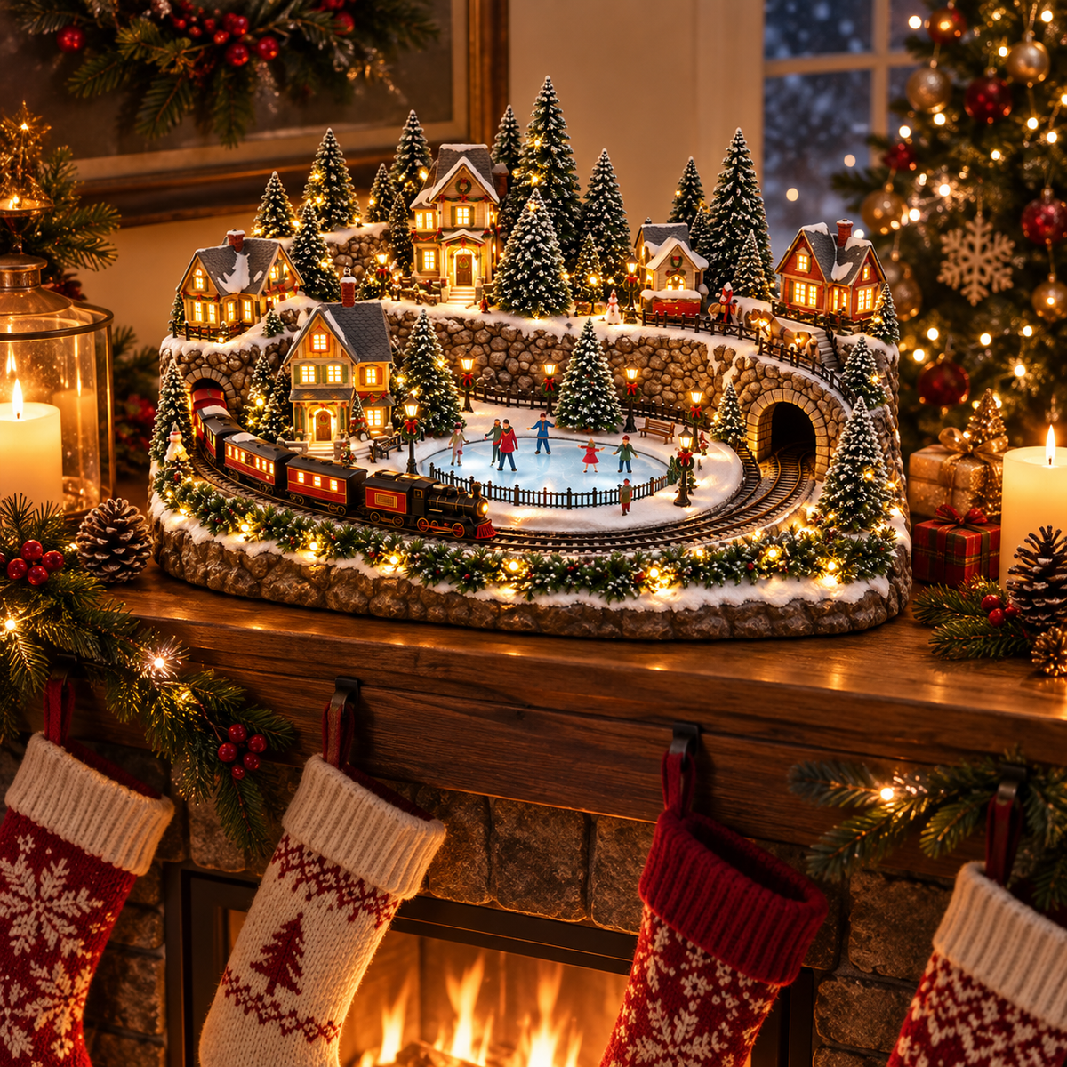 Animated Holiday Train & Ice Rink Scene
