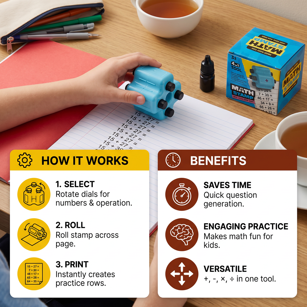 4-in-1 Math Roller Stamp β Addition, Subtraction, Multiplication & Division Practice