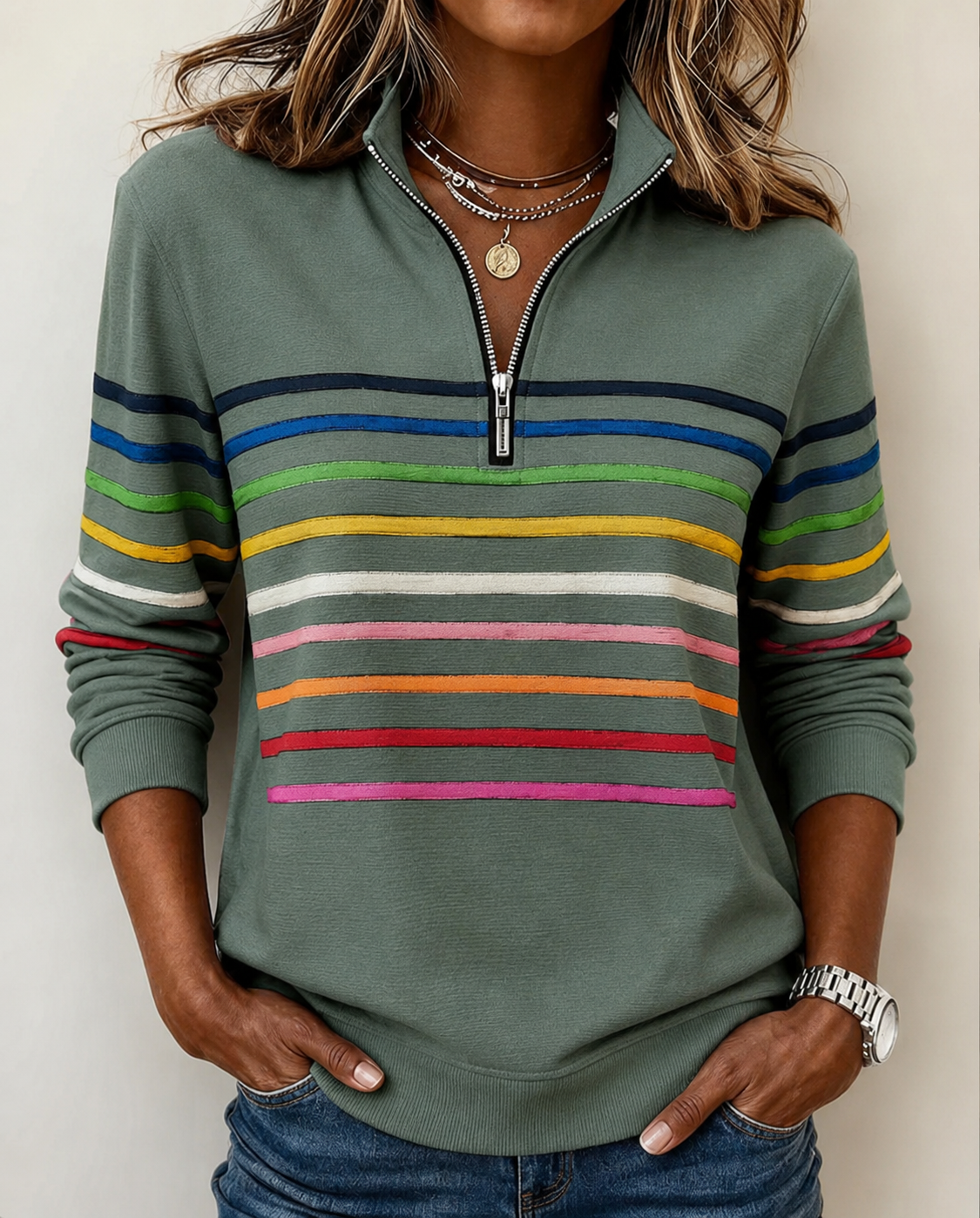 Maggie Striped Half-Zip Sweater