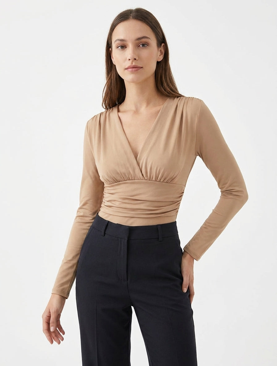Wrap Bodysuit with Pleated Waist