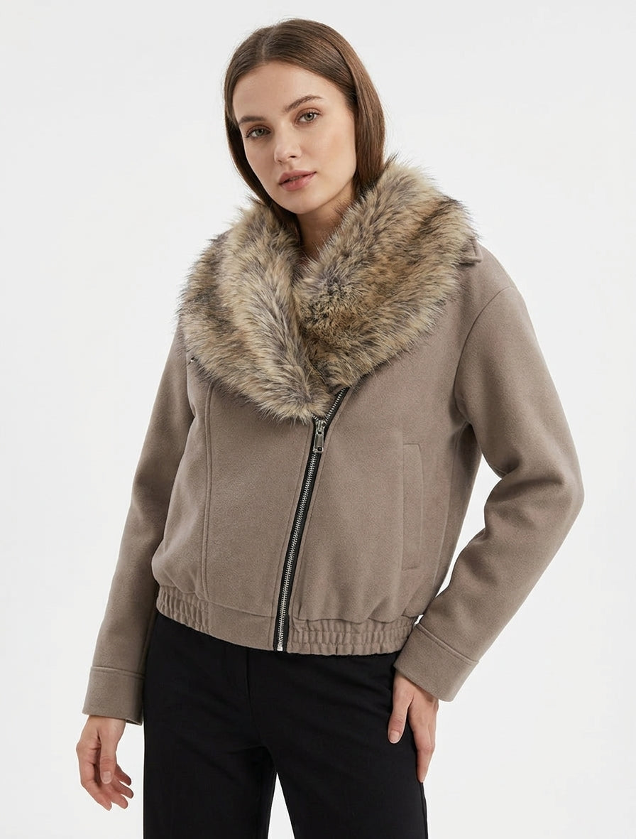 Straight Biker Jacket with Removable Fur - Taupe