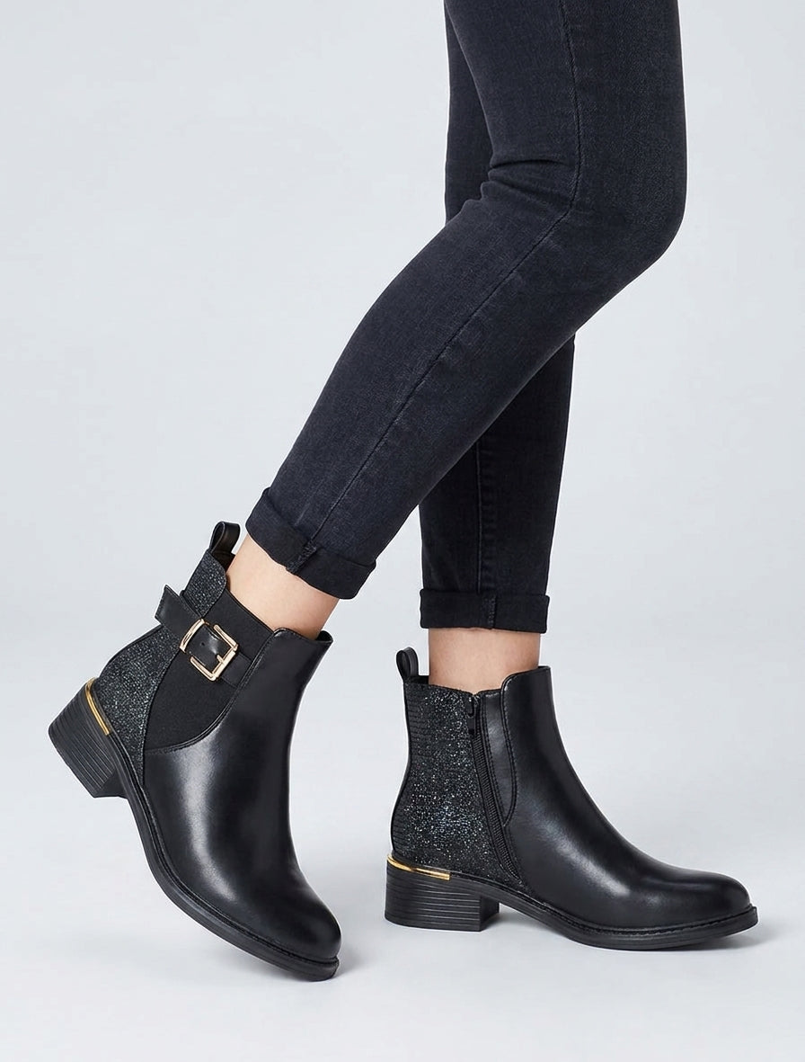 Block Heel Ankle Boots with Iridescent Detail
