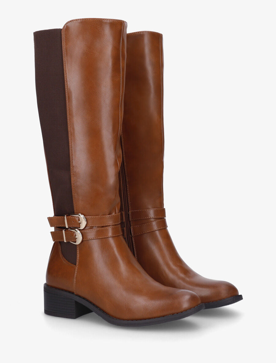Strap Block Heel Boots - Camel