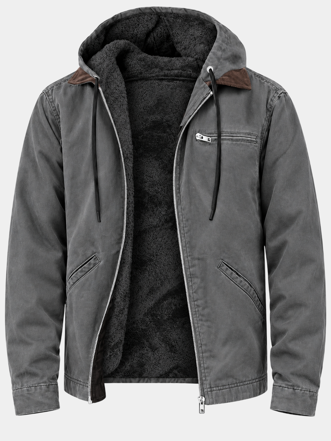 Vintage Thick Fleece-Lined Hooded Zip Jacket