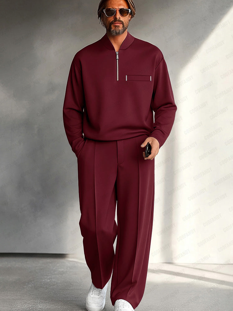 Men's Half-Zip Two-Piece Set – Relaxed Long-Sleeve Top and Wide-Leg Trousers for Smart Casual Wear