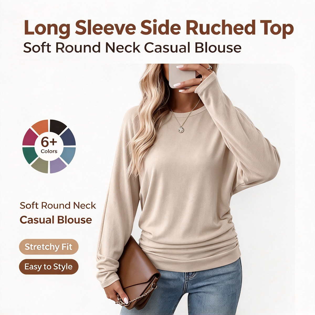 Womens Long Sleeve Shirts Ruched Hem Fall Tops Lightweight Sweaters