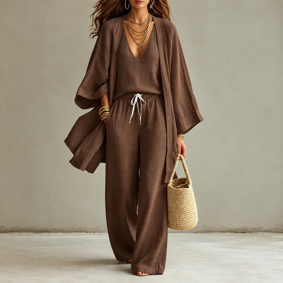 Cotton Linen Set with V-Neck Tank Top, Wide-Leg Pants and Long Kimono