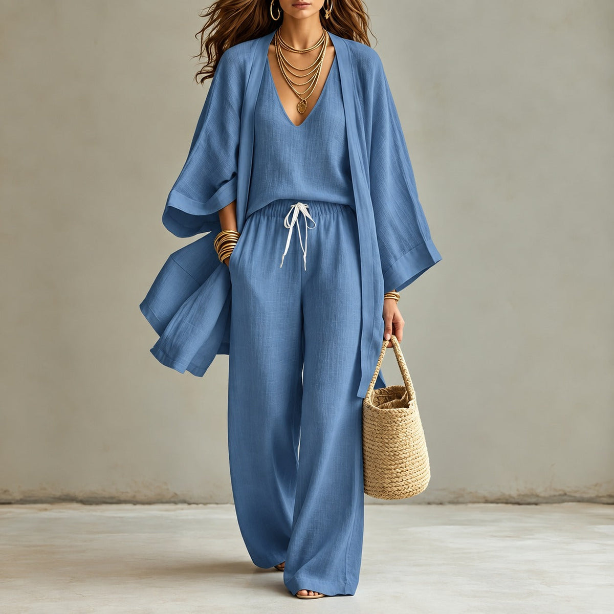 Cotton Linen Set with V-Neck Tank Top, Wide-Leg Pants and Long Kimono