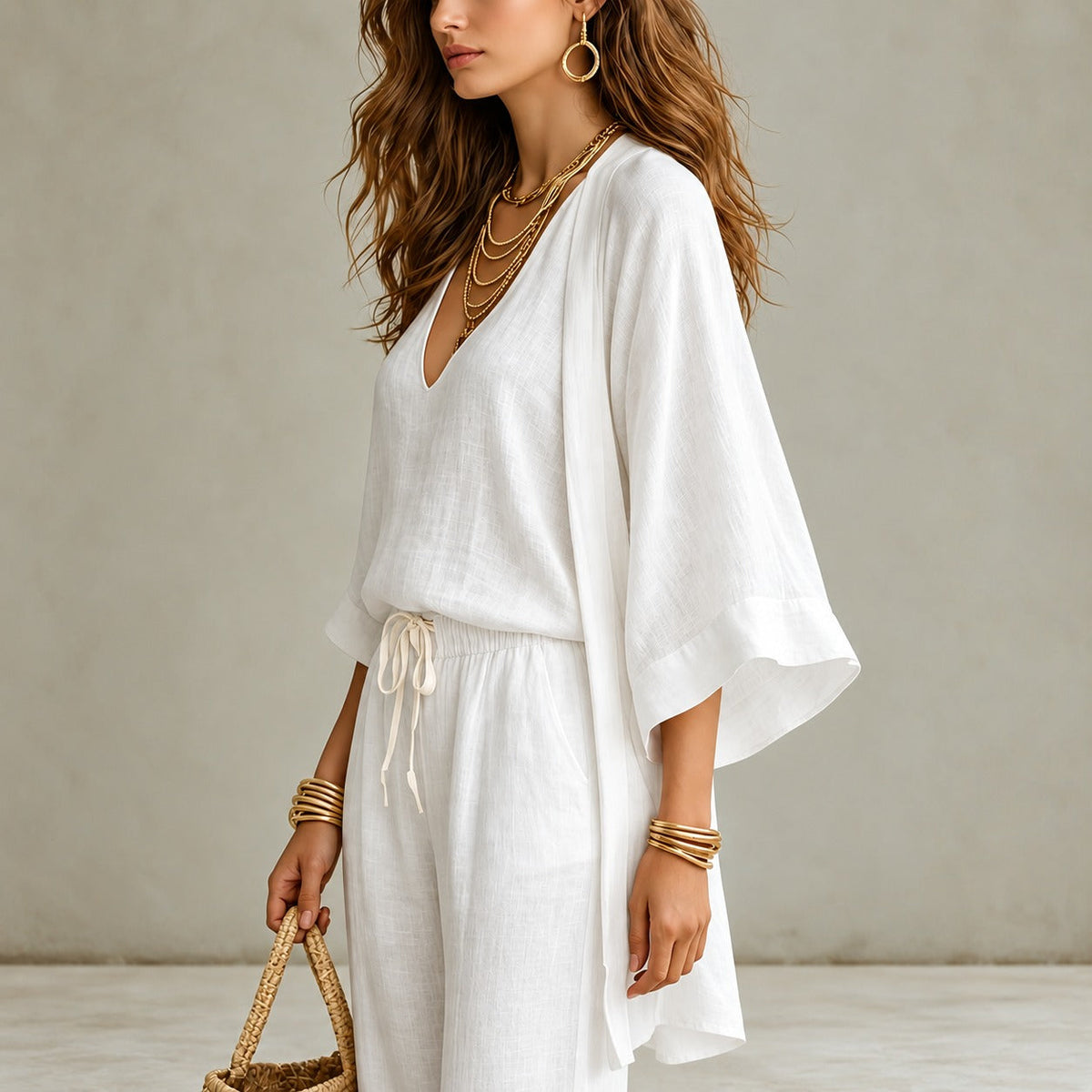 Cotton Linen Set with V-Neck Tank Top, Wide-Leg Pants and Long Kimono