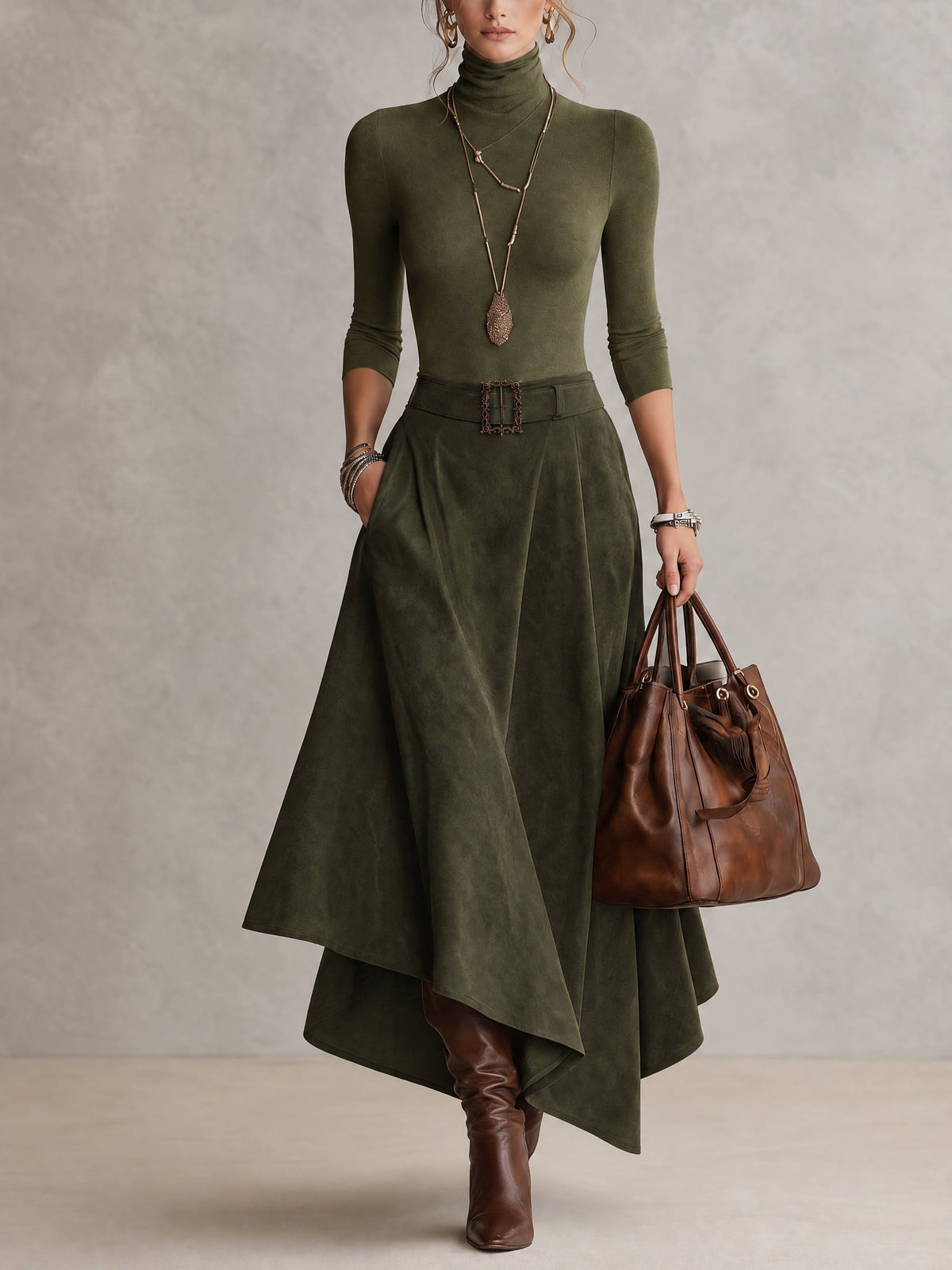 Stretch Turtleneck Top And Asymmetrical Faux Suede Skirt Set (with belt)