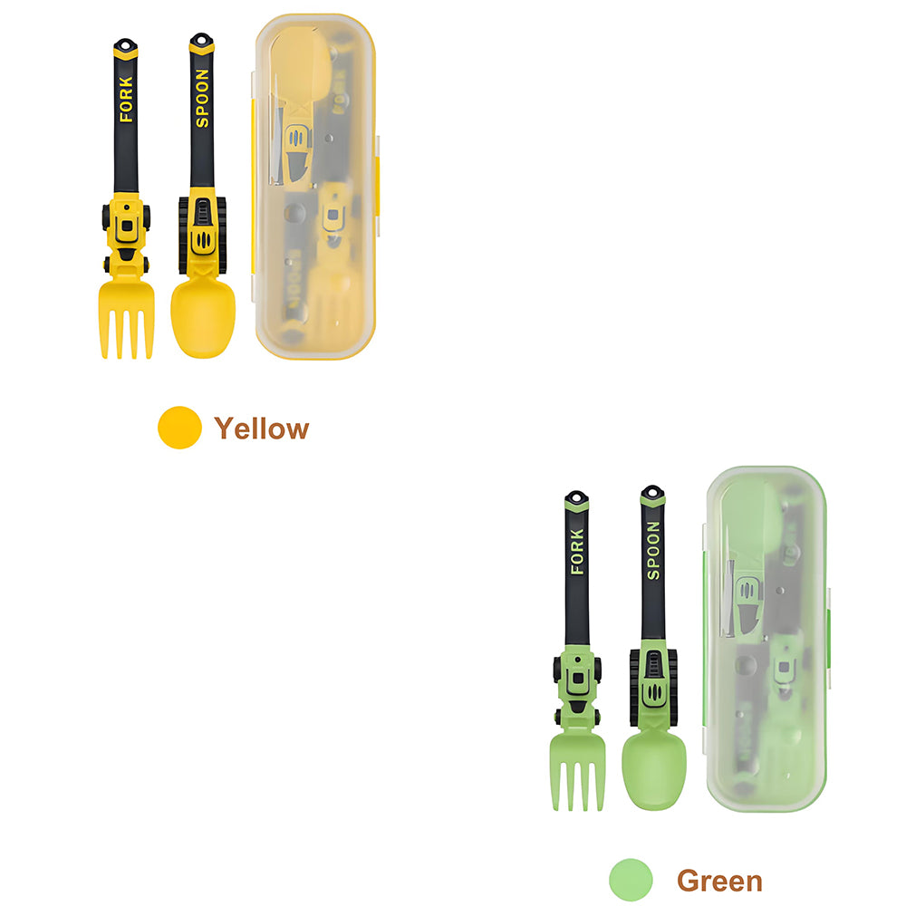 Construction Vehicle Kids Utensil Set | 3-Piece Feeding Set with Spoon, Fork & Storage Case | Soft Grip | Dishwasher Safe | Perfect for Travel & Home | Gift Set Utensils