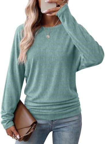 Womens Long Sleeve Shirts Ruched Hem Fall Tops Lightweight Sweaters