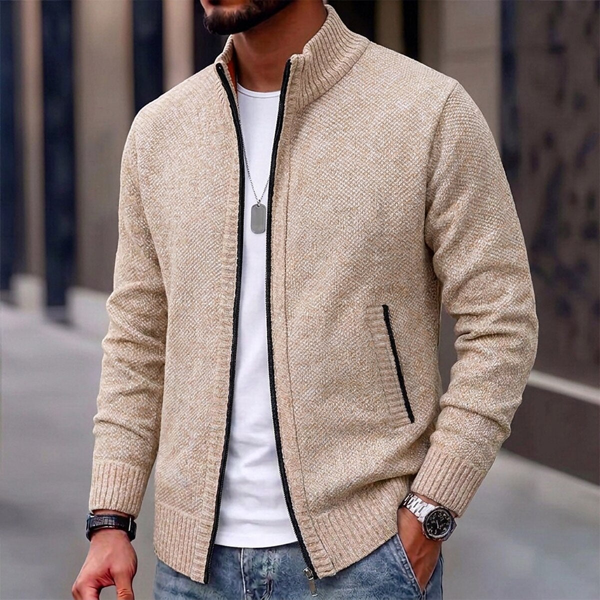 Fleece Ribbed Knit Zip Up Sweater