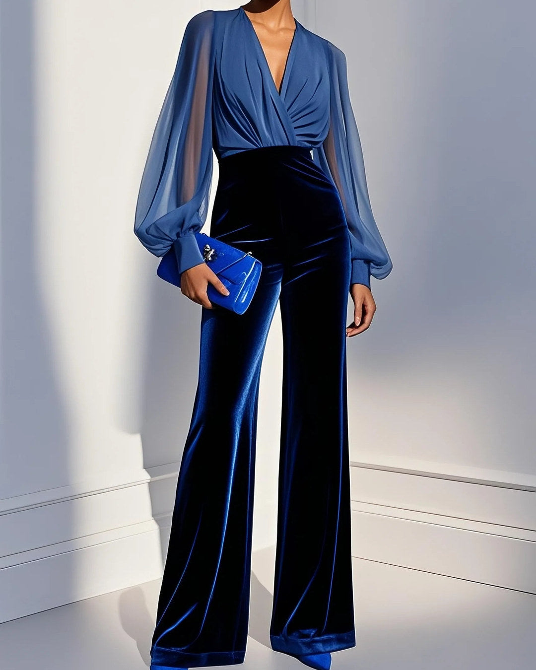 Elegant Jumpsuit with V-Neck, Blue