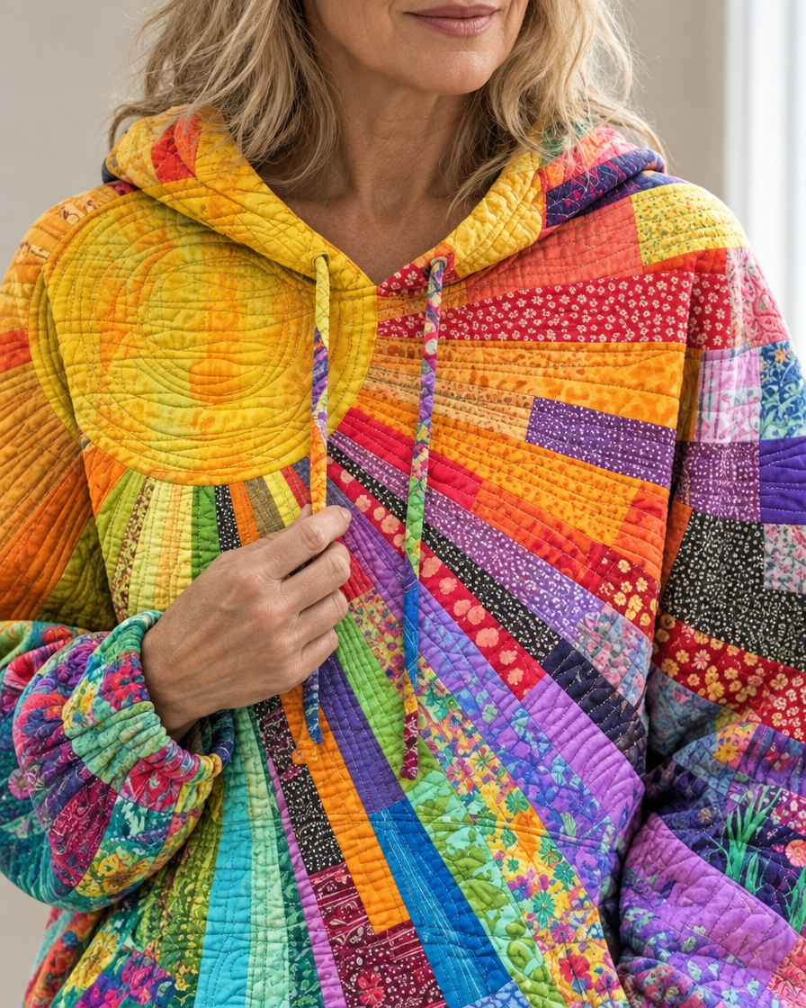 Women's Patchwork Sunburst Hoodie with Drawstring Hood – Relaxed Fit