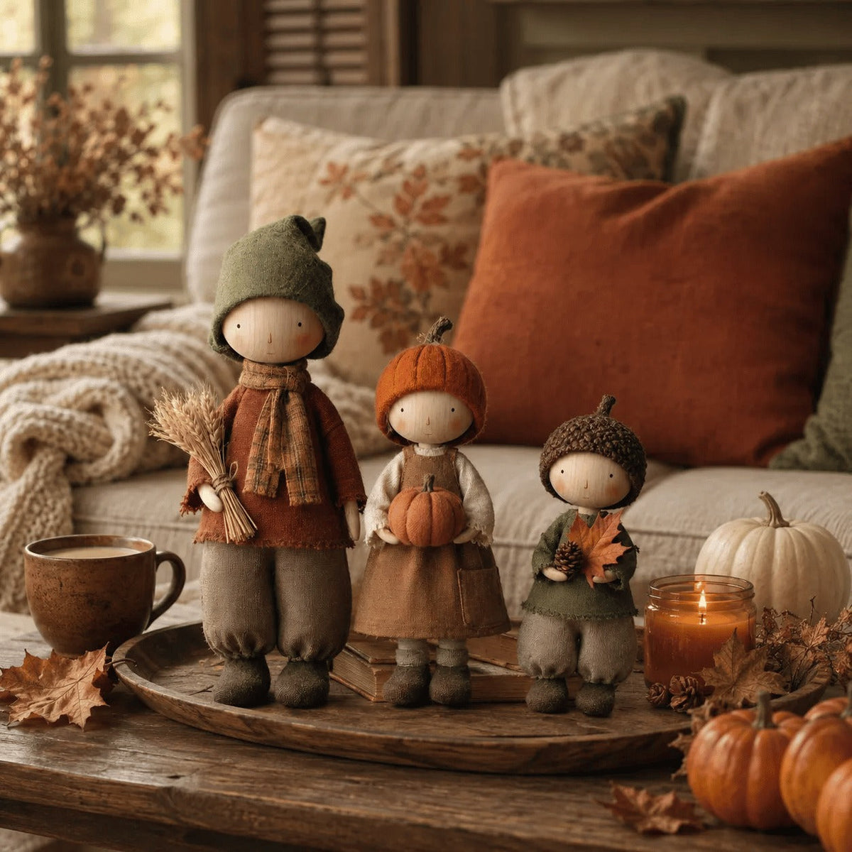 Set of 3 Rustic Fall Harvest Doll Figurines