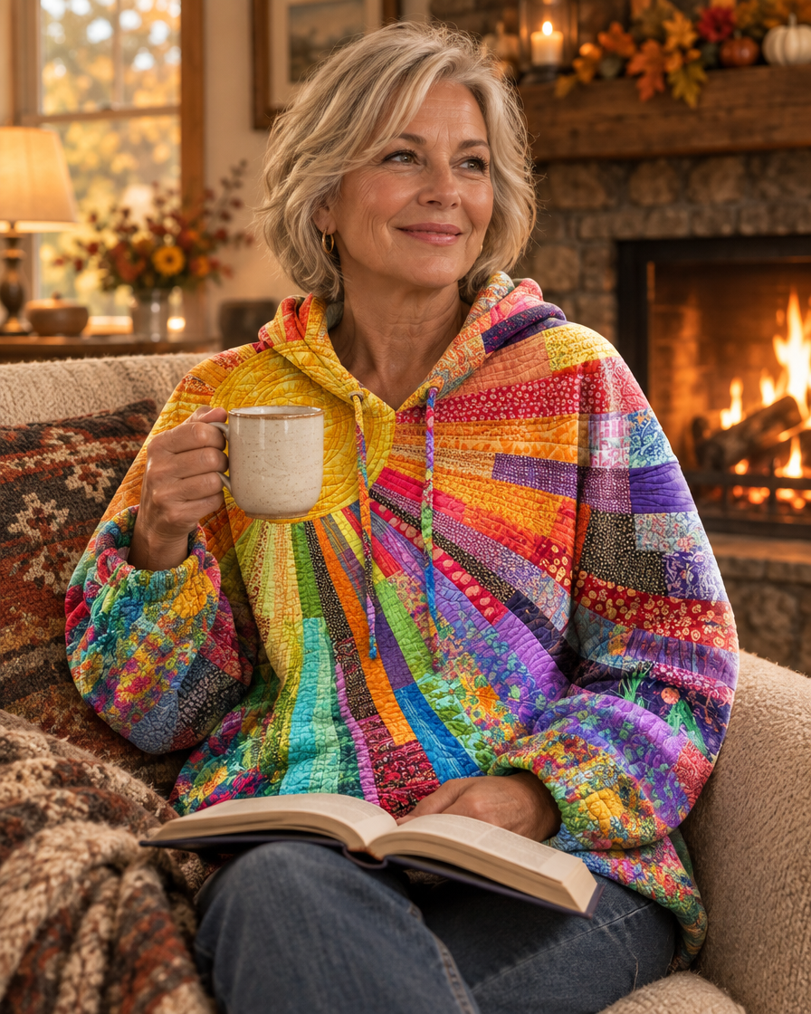 Women's Patchwork Sunburst Hoodie with Drawstring Hood – Relaxed Fit