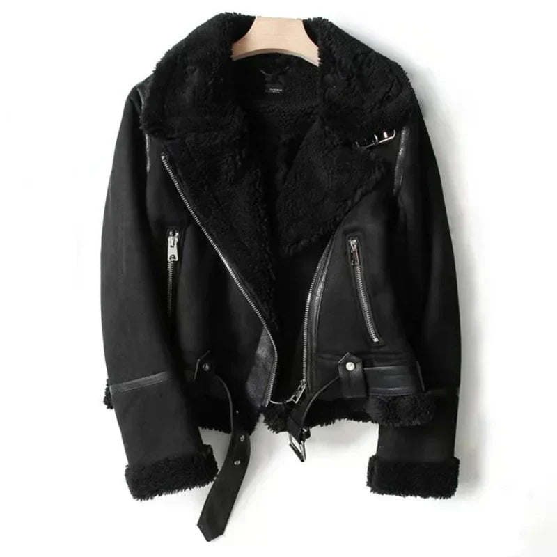 Women's Sherpa-Lined Leather Jacket – Warm Biker Style for Autumn and Winter