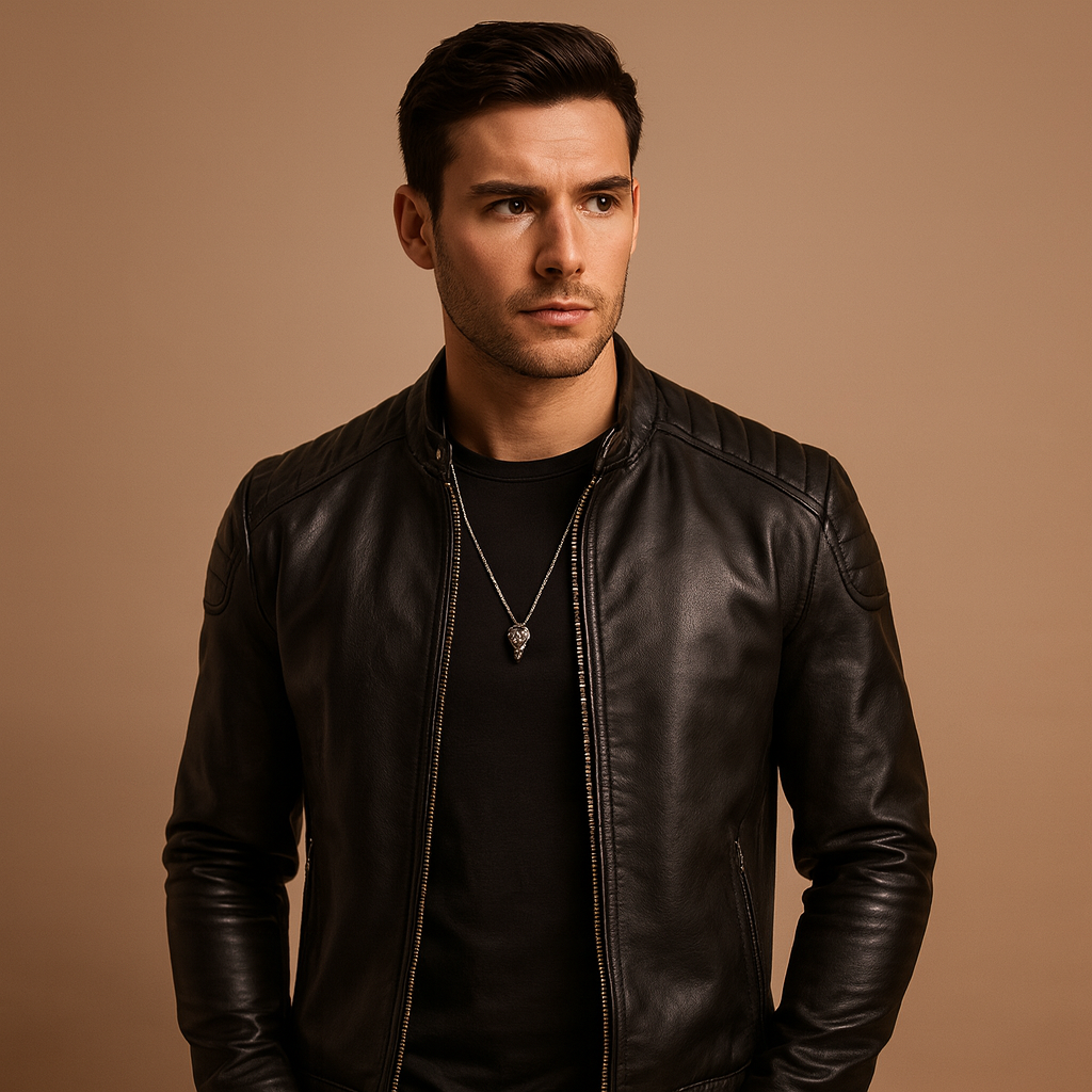 Men’s luxury biker jacket with a refined finish and breathable comfort, suitable for business outfits and casual looks with jeans.