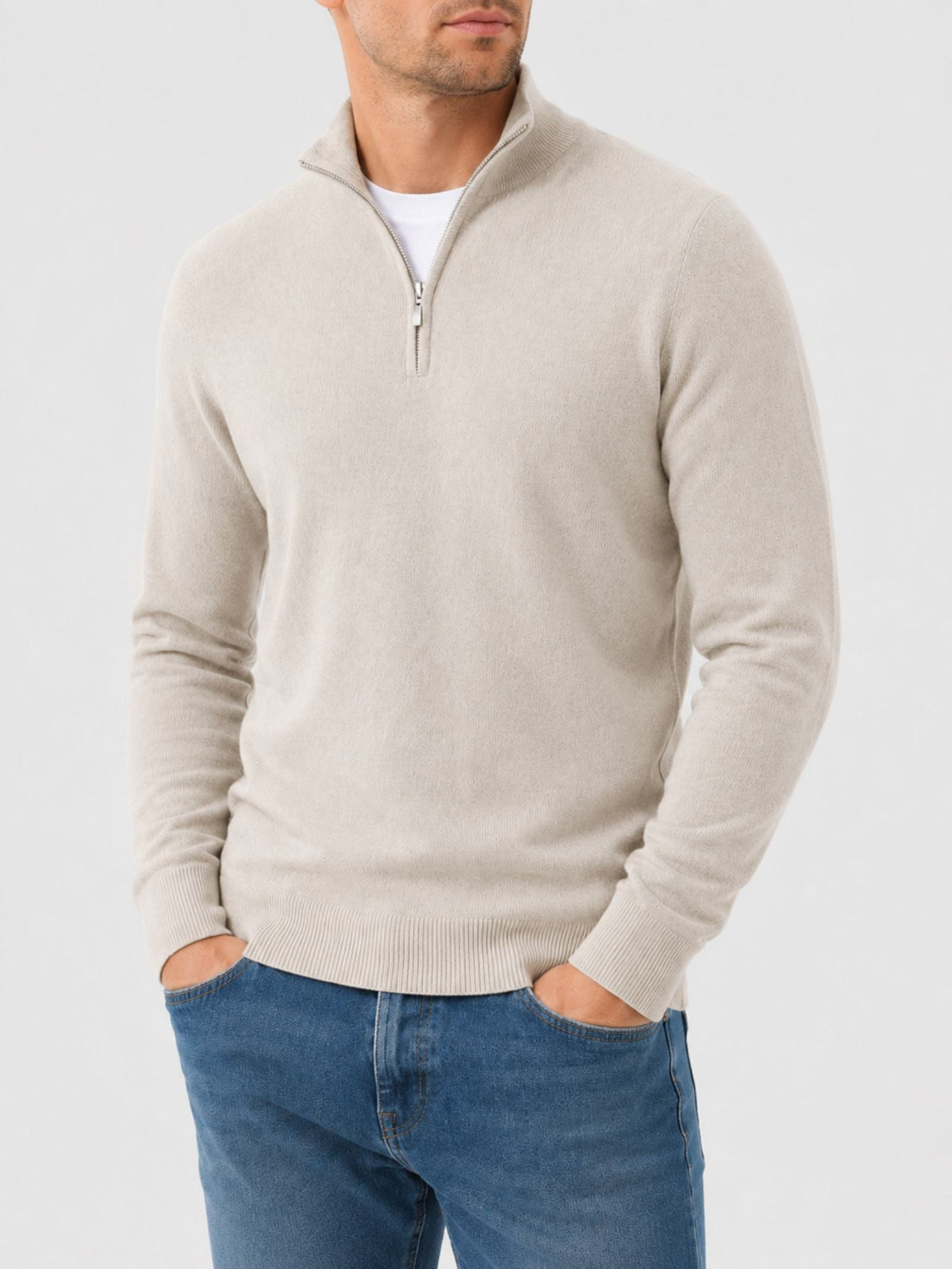 Men's Merino Wool Sweater with V-Neck and Zip Detail