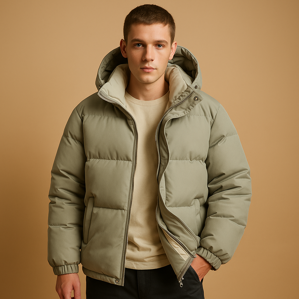 Men’s modern puffer jacket with hood and quilted insulation, lightweight and breathable, suitable for daily wear, travel, and winter outdoor activities.