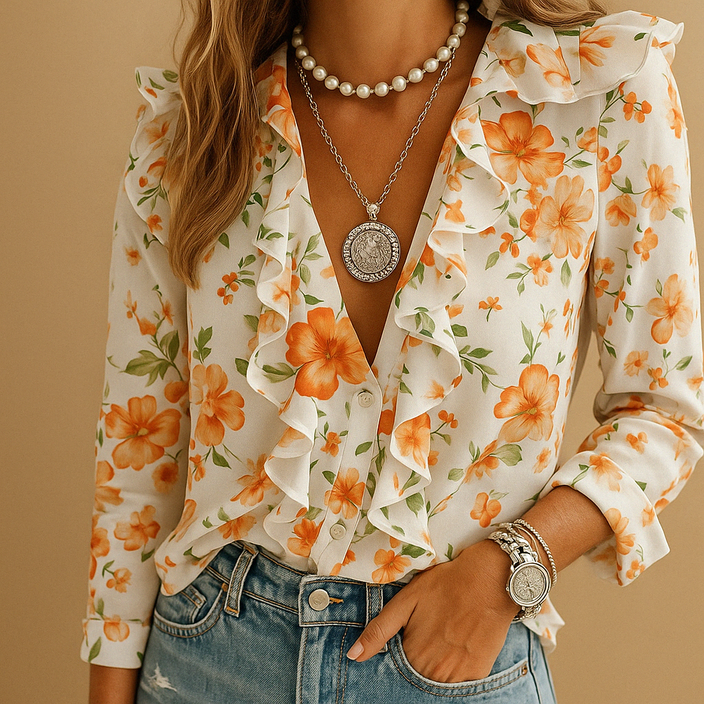 Women’s ruffled blouse with butterfly print and a flattering fit, suitable for work, casual outfits, and formal occasions.