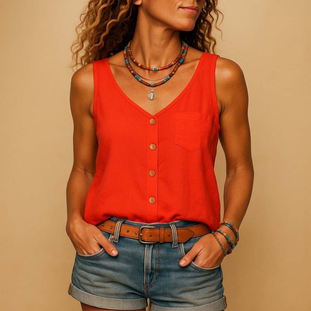 Sleeveless V-neck top for women with a relaxed fit and practical pockets, available in vibrant colors, perfect for casual summer outfits.
