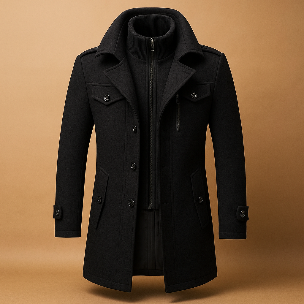 Men’s slim fit winter coat with tailored design and practical pockets, suitable for cold days, workwear, and formal occasions.