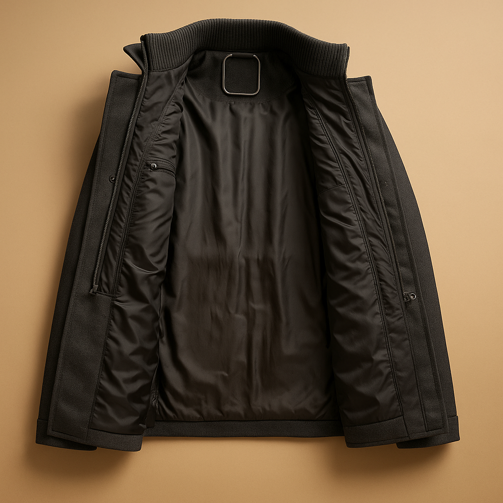 Men’s slim fit winter coat with tailored design and practical pockets, suitable for cold days, workwear, and formal occasions.