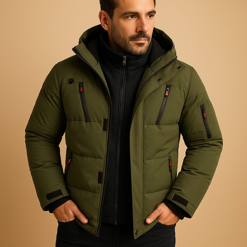 Men’s waterproof winter jacket with adjustable hood, insulating lining, and practical pockets, suitable for outdoor activities, commuting, and cold weather wear.