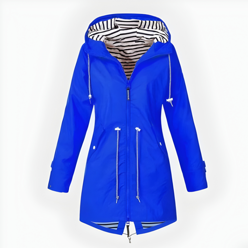 Women's Waterproof Rain Jacket with Drawstring Hood and Striped Lining