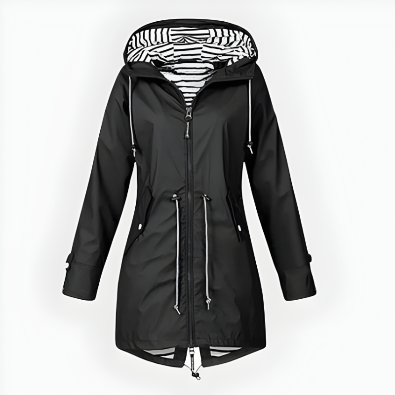 Women's Waterproof Rain Jacket with Drawstring Hood and Striped Lining