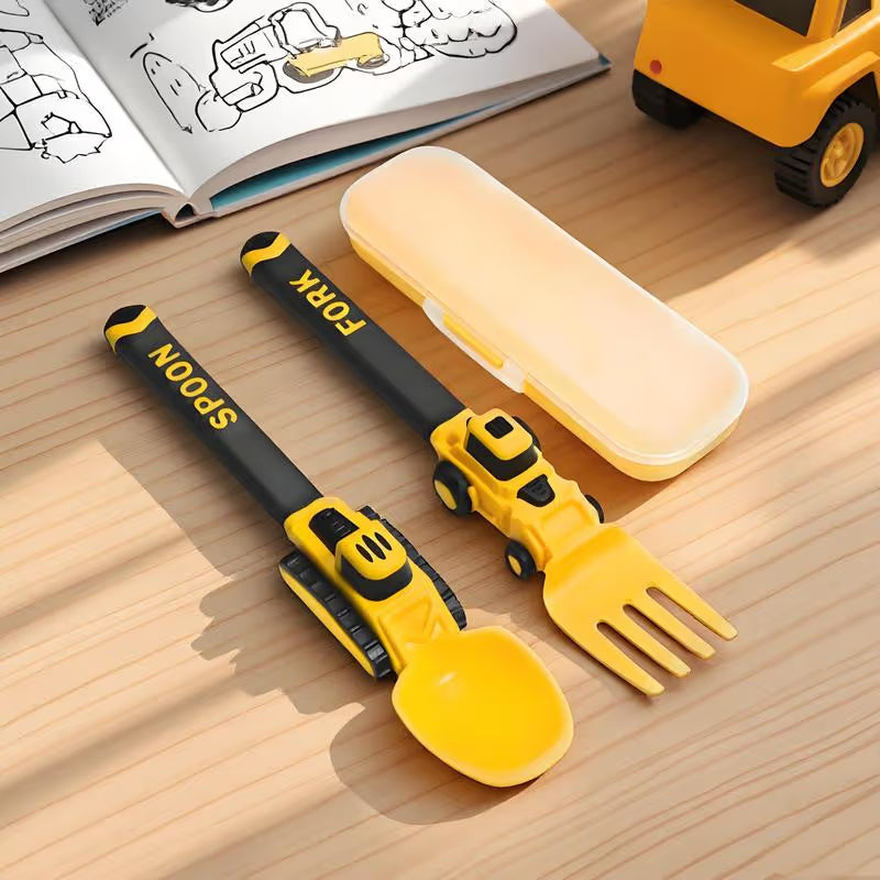 Construction Vehicle Kids Utensil Set | 3-Piece Feeding Set with Spoon, Fork & Storage Case | Soft Grip | Dishwasher Safe | Perfect for Travel & Home | Gift Set Utensils