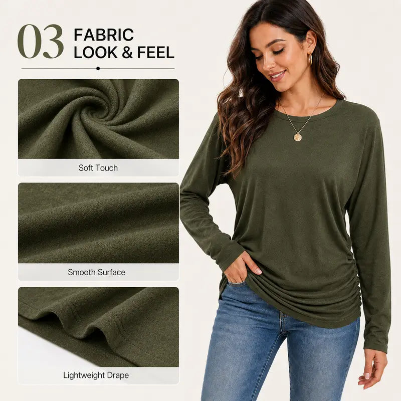 Womens Long Sleeve Shirts Ruched Hem Fall Tops Lightweight Sweaters