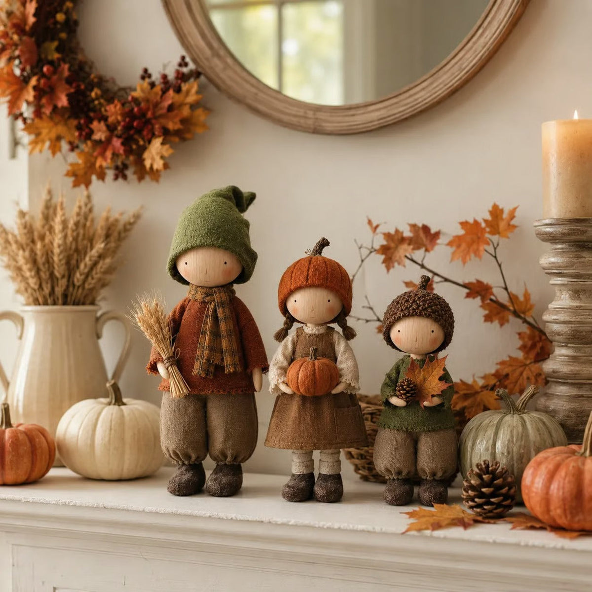 Set of 3 Rustic Fall Harvest Doll Figurines