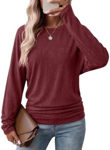 Womens Long Sleeve Shirts Ruched Hem Fall Tops Lightweight Sweaters