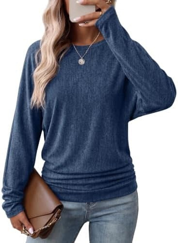 Womens Long Sleeve Shirts Ruched Hem Fall Tops Lightweight Sweaters