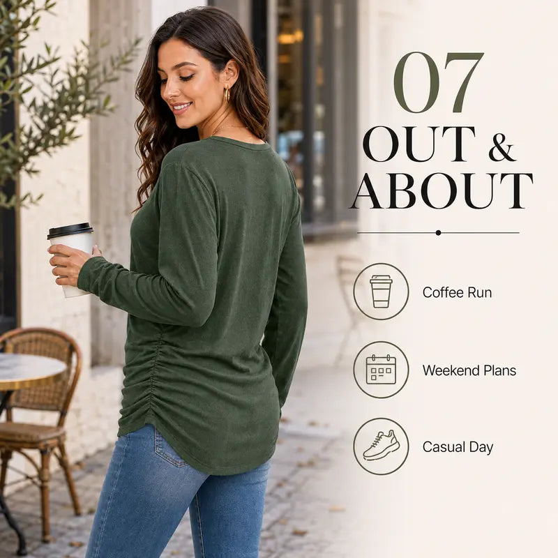 Womens Long Sleeve Shirts Ruched Hem Fall Tops Lightweight Sweaters