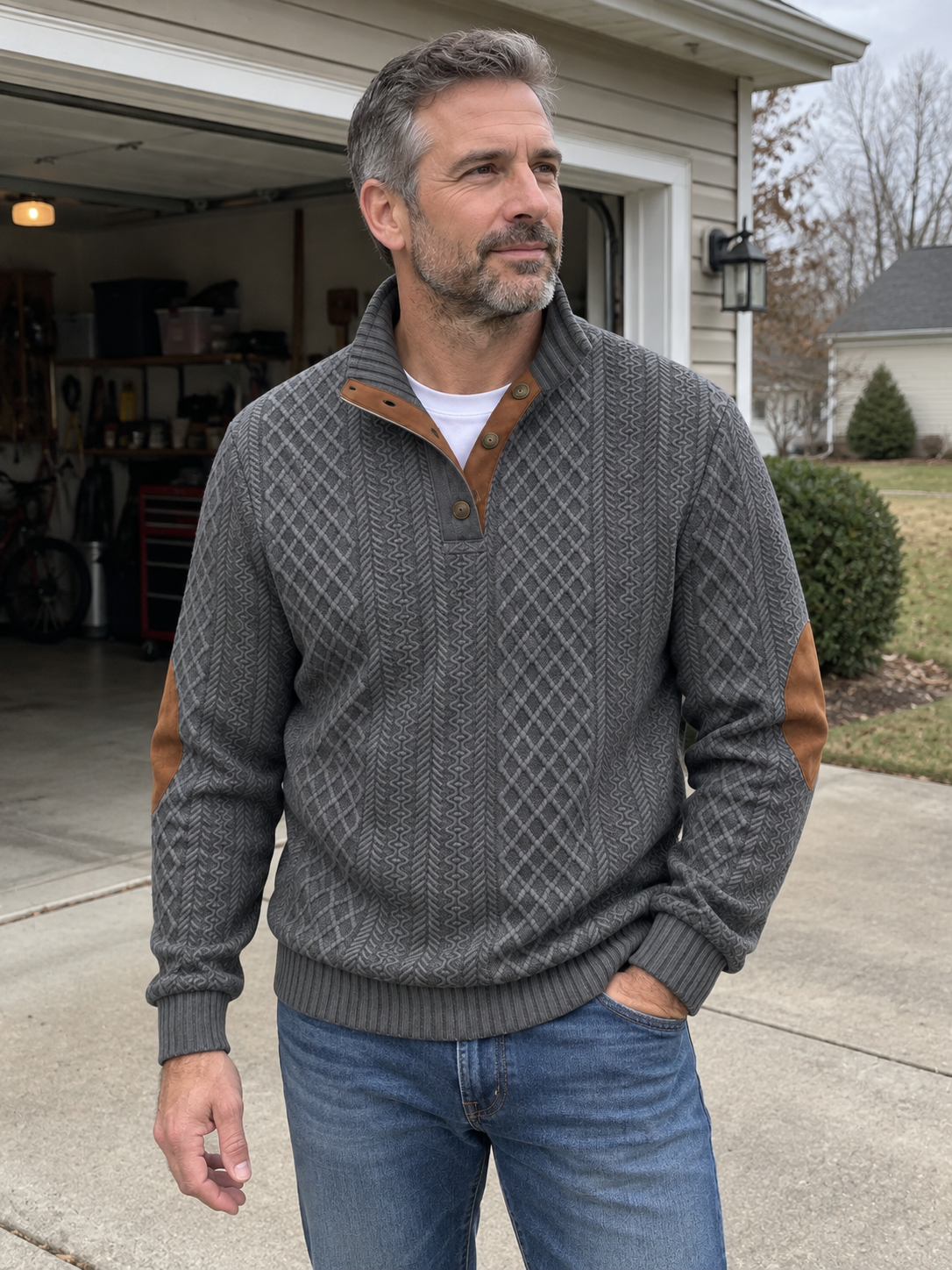 Jacquard Knit Stand Collar Pullover Sweatshirt