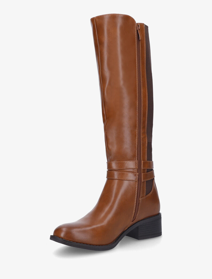 Strap Block Heel Boots - Camel