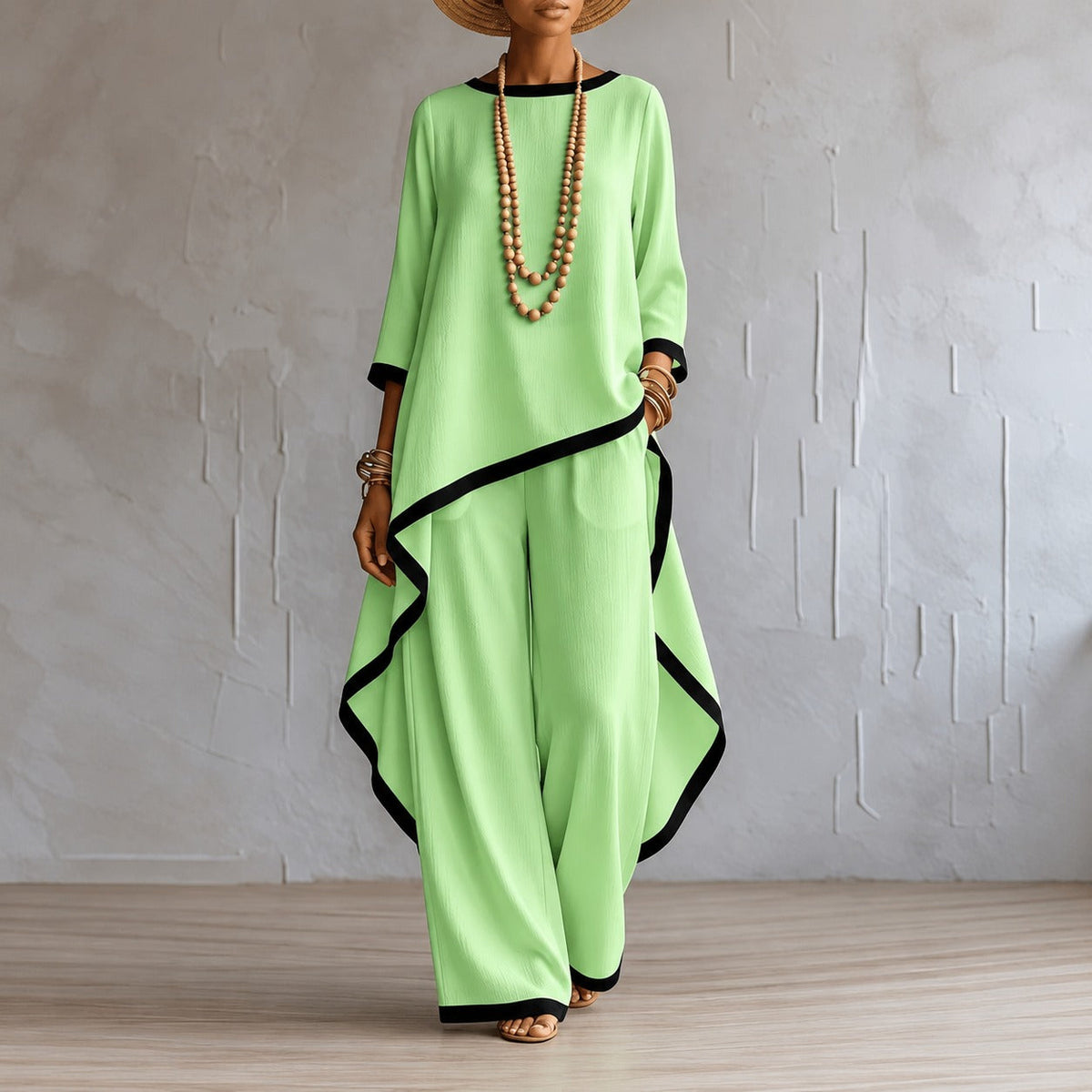 Set with Asymmetric Hem Top, Wide-Leg Trousers and Contrasting Details