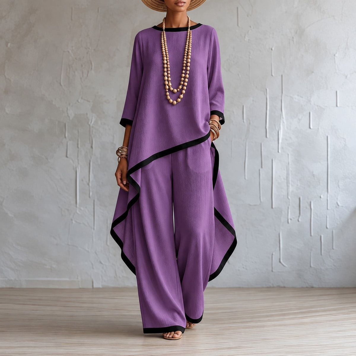 Set with Asymmetric Hem Top, Wide-Leg Trousers and Contrasting Details