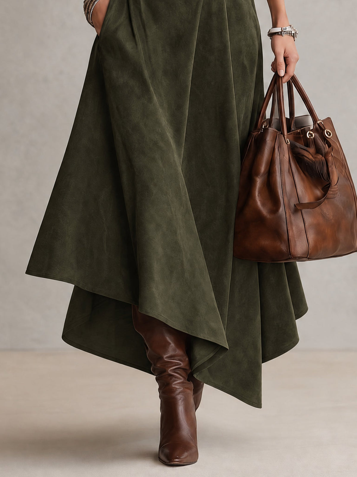 Stretch Turtleneck Top And Asymmetrical Faux Suede Skirt Set (with belt)