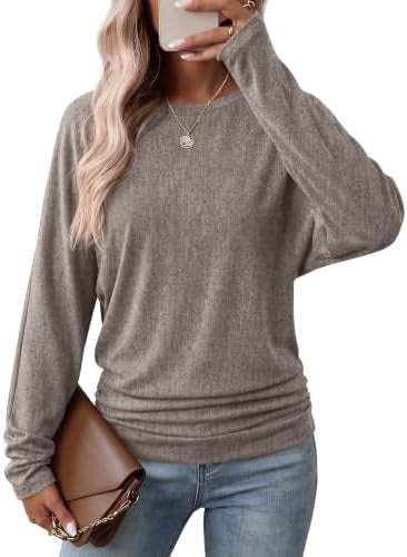 Womens Long Sleeve Shirts Ruched Hem Fall Tops Lightweight Sweaters