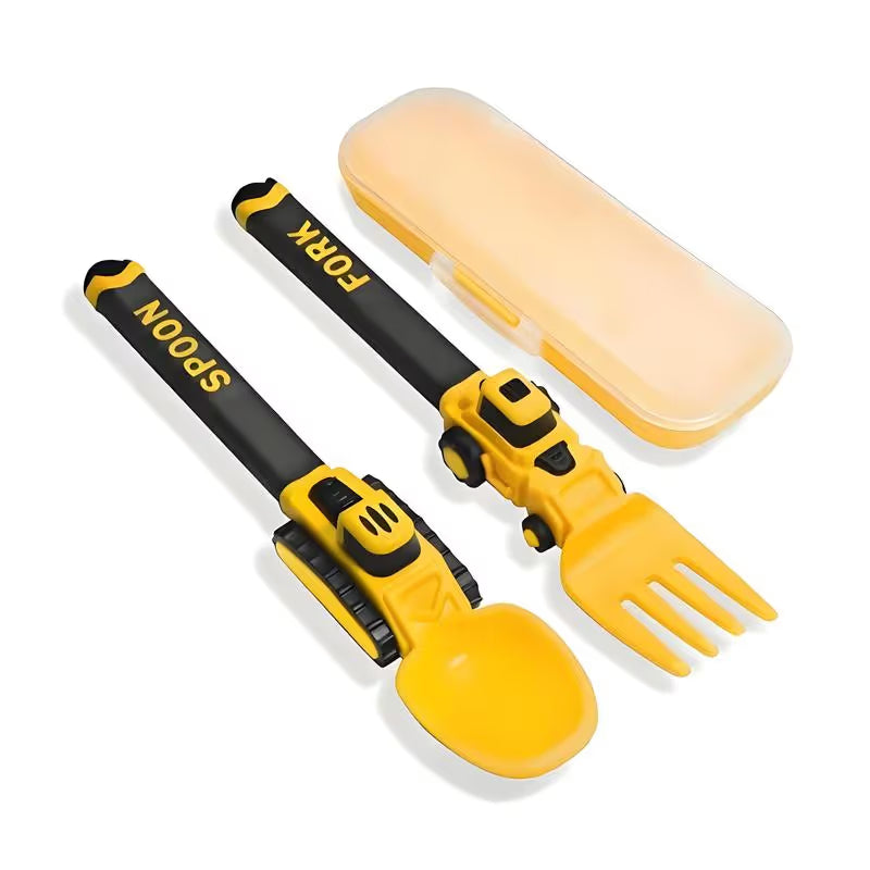Construction Vehicle Kids Utensil Set | 3-Piece Feeding Set with Spoon, Fork & Storage Case | Soft Grip | Dishwasher Safe | Perfect for Travel & Home | Gift Set Utensils