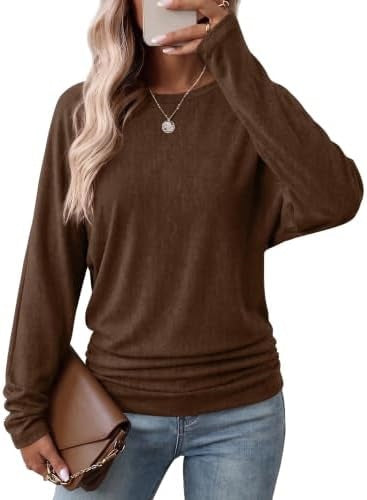 Womens Long Sleeve Shirts Ruched Hem Fall Tops Lightweight Sweaters