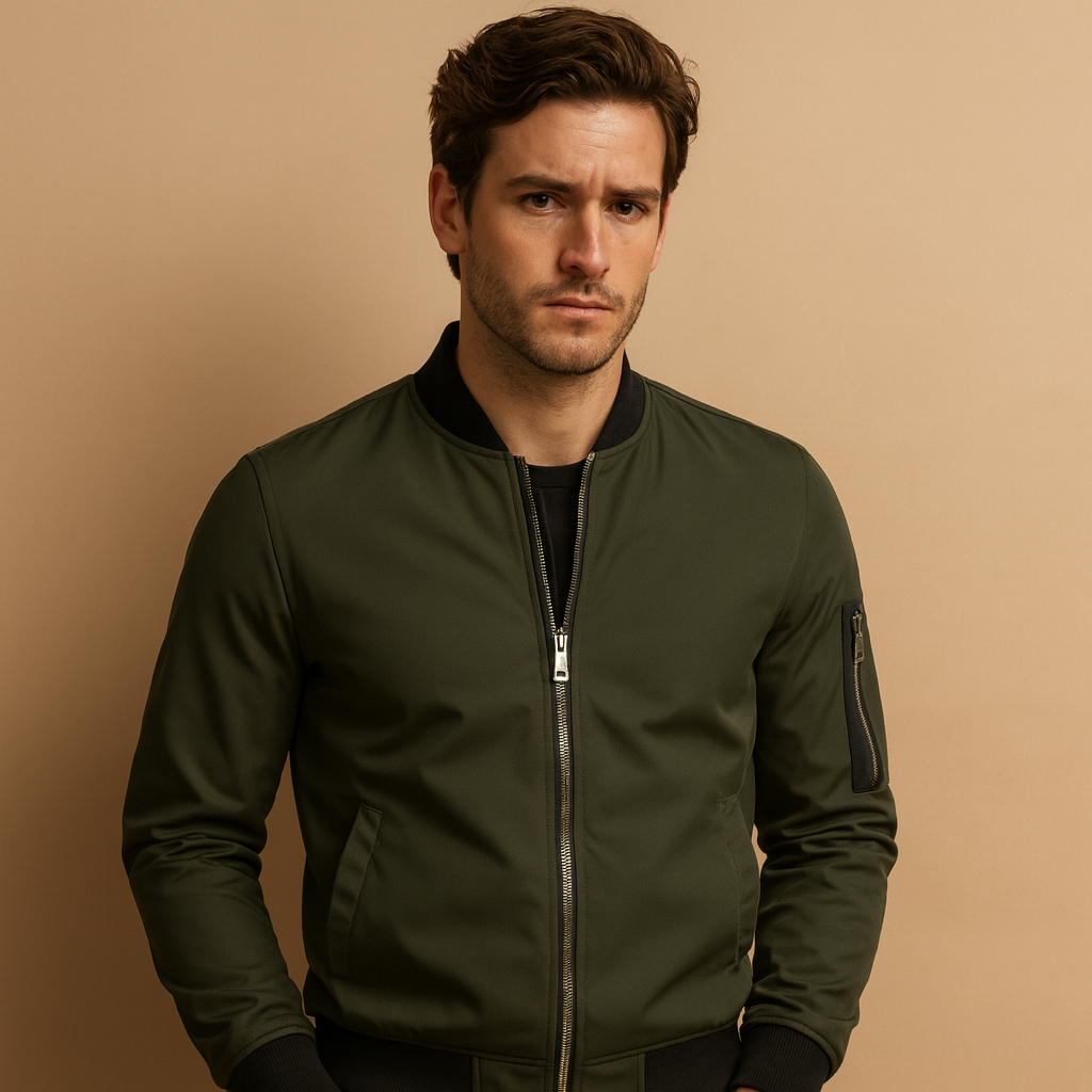 Men’s classic bomber jacket with zip closure, lightweight design, and comfortable fit, ideal for casual outfits and year-round wear.