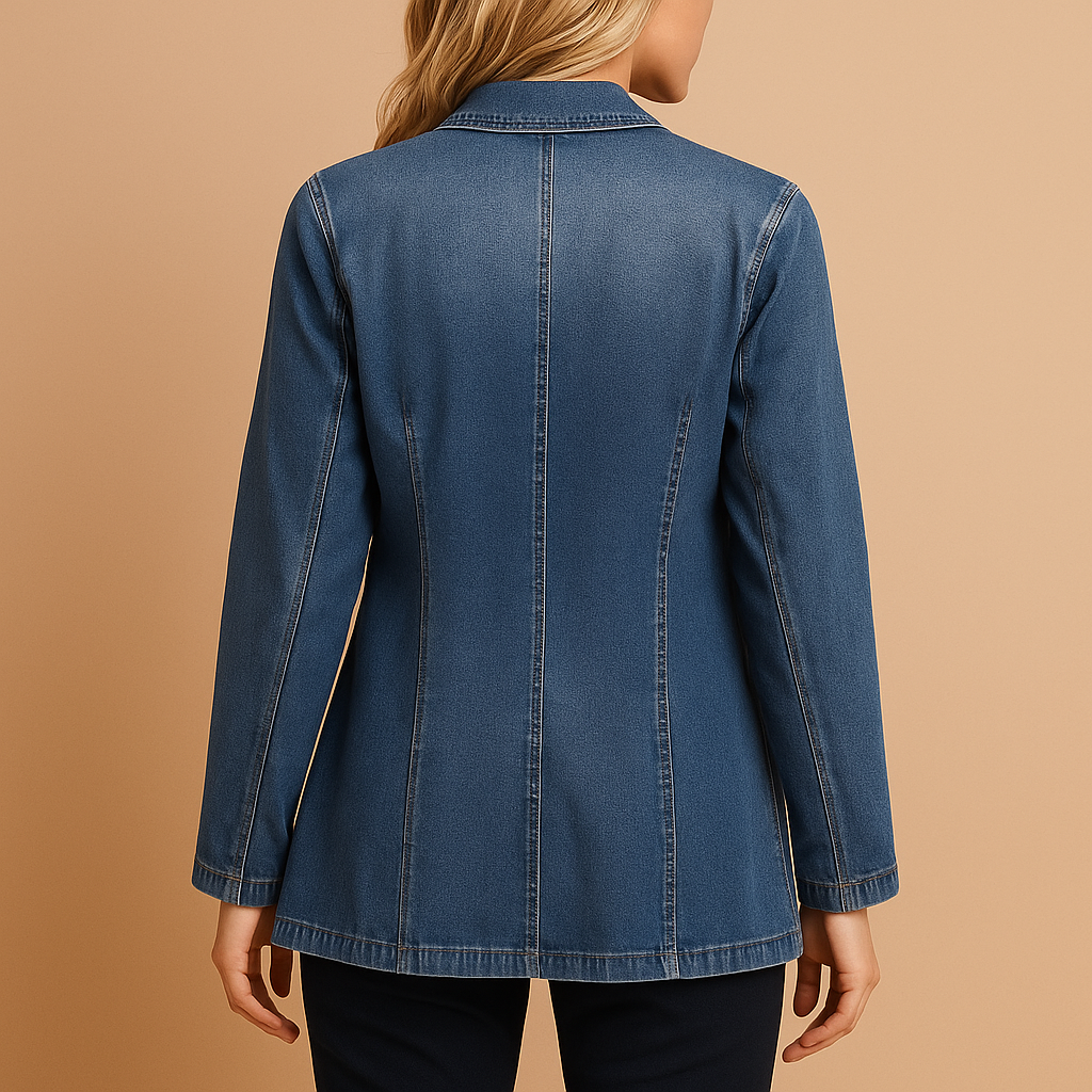 Women’s denim blazer with a tailored and flattering fit, ideal for work, casual outfits, or stylish gatherings.